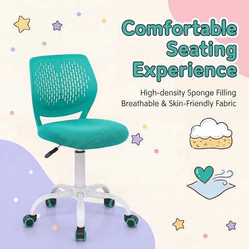Costzon Kids Desk Chair, Armless Height Adjustable Kids Computer Chair w/Elastic Sponge Filling, Ergonomic Backrest & Stable 5-Point Wheels, Children Rolling Swivel Chair for Studyroom (Turquoise) - color: Turquoise