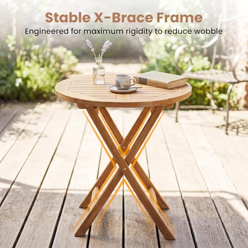 Tangkula 24-Inch Teak Wood Folding Outdoor Table, Round Patio Table with Sturdy X-Frame, Space Saving Outside Bistro Table for Deck, Porch, Poolside, Balcony & Garden - size: 24"