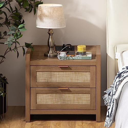 SICOTAS Rattan Nightstand End Table - Night Stand Bedside Table with Type-C Charging Station, 2 Drawers Storage - Boho Night Stands for Bedroom - Natural Oak - color: Oak(2 Drawers), size: 1 Piece