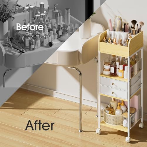 TidyStash Rolling Cart with Drawers 4-Tier Storage Cart with Large Drawers, Heavy-Duty Steel Frame and Wood Shelves Organizer for Makeup, Skincare Bathroom Kitchen Dorm Vanity Home Supplies - style: Tall - Double Drawer