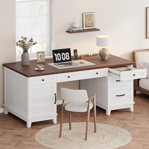 Garvee 60" Wooden Home Office Desk with File Drawers, Executive Desk with Adjustable Cabinet, Farmhouse Wood Desk with Power Outlet, Distressed Study and Work Table, Rustic White - color: Rustic White, size: 60" W