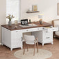 Garvee 60" Wooden Home Office Desk with File Drawers, Executive Desk with Adjustable Cabinet, Farmhouse Wood Desk with Power Outlet, Distressed Study and Work Table, Rustic White - color: Rustic White, size: 60" W