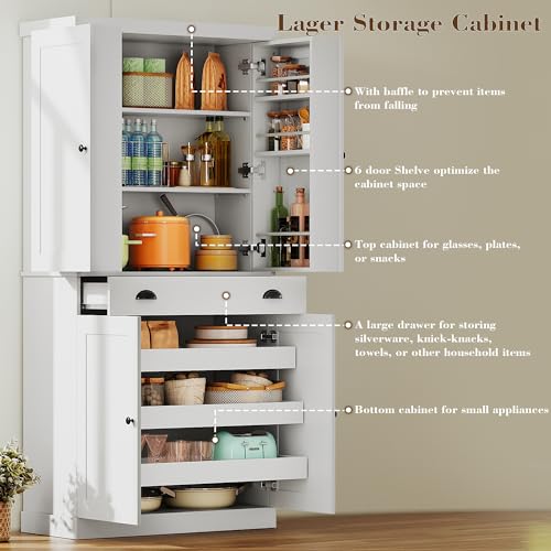 IRONCK 72" Kitchen Pantry Cabinet with Drawer and Sliding Racks, White | White wood pantry cabinet. 6 door shelves. 3 sliding racks. For kitchen, dining room, or hallway. - color: White
