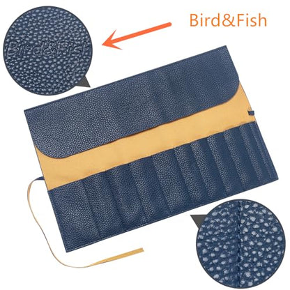 Bird&Fish Makeup Brush Case Travel, makeup brush case roll up,brush holder makeup,Holder Organizer Brushes Pouch Cosmetic Bag for Travel，Rolling Bag Storage Case PU Leather - color: New Dark Blue