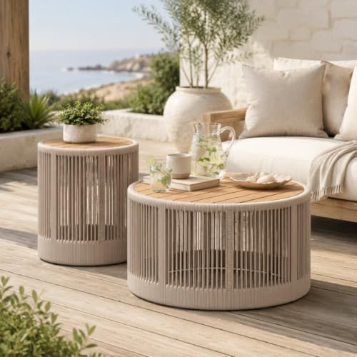 IRONORA 2 Piece Nesting Round Patio Table Set, Solid Acacia Wood Top Beige Hand-Woven Rope Drum Coffee & Side Table, Weather Resistant Hollow Accent Tables for Balcony Backyard Coastal Boho Decor - color: 2pack-beige
