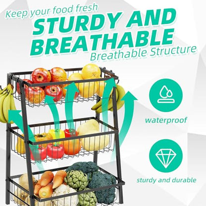 Simple Trending 3-Tier Trapezoidal Fruit Basket with 4 Banana Hooks, Extra Large Metal Wire Kitchen Organizer for Countertop - Rust-Proof for Fruits, Vegetables, Snacks, Bread Storage, Black - style: 3 Tier Black-Hooks