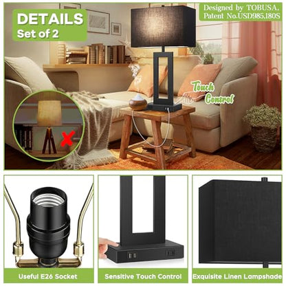 TOBUSA 28’’ Tall Black Lamps for Living Rooms Set of 2, Modern Touch Control Table Lamps for Bedroom, 3 Way Dimmable Bedside Lamps with 2 USB Ports&AC Outlet, High-end Decor Lamp for Home Office | 3 Way Dimmable, Touch Control, Black Fabric Shade, Large D