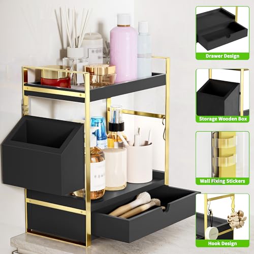 2-Tier Bathroom Counter Organizer, Wooden Vanity Shelf with Drawer & Basket | Pre-Drilled Holes, Skincare & Makeup Countertop Organizer and storage, Black-gold - color: Black-gold