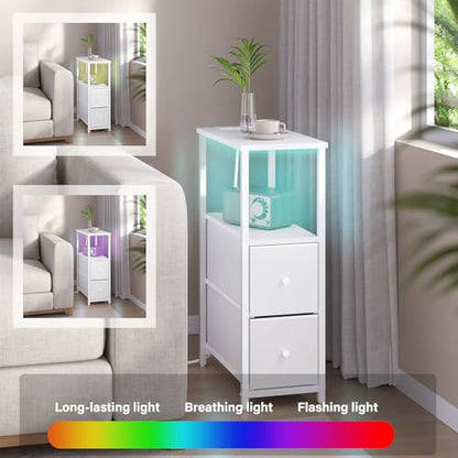 TUTOTAK Narrow LED End Table, Skinny Side Table with Charging Station | Bedside Table with Outlets, Slim Nightstand with 2 Cloth Drawers for Small Space, Living Room, Bedroom, White TB01BW085L - color: White, size: 1 Pack (2 Drawers), style: Plug & LED