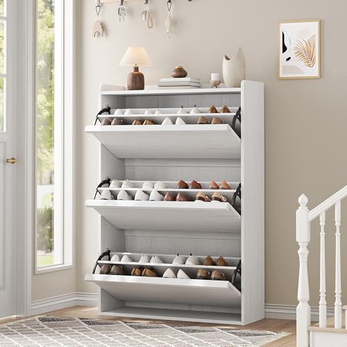 Garvee Shoe Cabinet with 3 Flip Drawers, Hidden Wood Shoe Cabinet,Freestanding Shoe Storage Cabinet with Adjustable Shelf for Entryway Hallwa, Living Room, Living Room, White - color: White