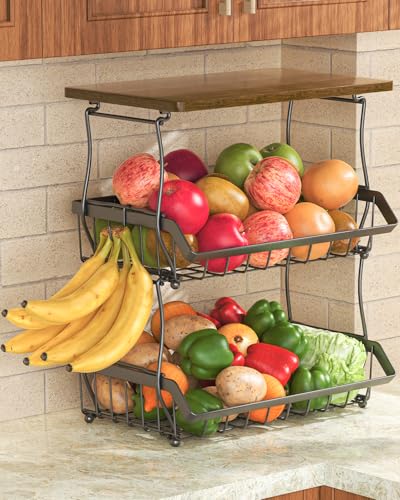 XYZLVSI 3 Tier Countertop Fruit Basket Bread Bowl with Wooden Top for Kitchen, Stackable Vegetable Potato Onion Storage Wire Basket with Banana Hangers, Black