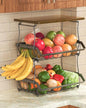 XYZLVSI 3 Tier Countertop Fruit Basket Bread Bowl with Wooden Top for Kitchen, Stackable Vegetable Potato Onion Storage Wire Basket with Banana Hangers, Black