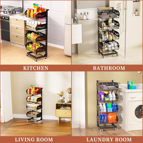 4-Tier Kitchen Snack Cart with Wheels，Height-Adjustable，Upgraded Wider and Thicker, Multi-Purpose Rolling Storage Cart for for Kitchen, Dining Room, Bathroom, Laundry Room, Office - color: Black-adjustable