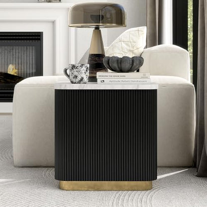 Furniture of America Beryl Modern Square White Genuine Marble Top End Table with Fluted Pedestal Base and Gold Stainless Steel Accent, Low Profile Table for Living Room, Home Office, Black - size: End Table, style: Square