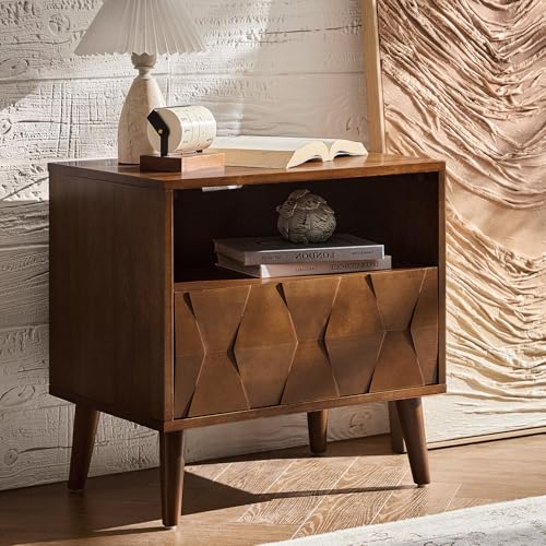 Mid-Century Modern End Table with Charging Station, Open Shelf & Drawer with Velvet-Lined Hidden Compartment, Wood Side Tables with Geometric Panel, Walnut
