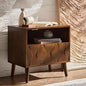 Mid-Century Modern End Table with Charging Station, Open Shelf & Drawer with Velvet-Lined Hidden Compartment, Wood Side Tables with Geometric Panel, Walnut