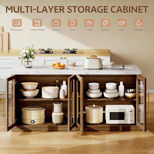 Kitchen Island with Storage, Imitation Marble Island Table with LED Lights & Cabinet for Kitchen, Modern Kitchen Carts on Wheels for Dining Room, Home Bar, Walnut