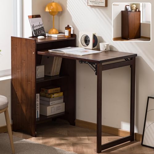 Bamboo Folding Desk for Small Spaces with Storage, Foldable Mid Century Modern Drop Leaf Desk, Vintage Fold Out Hideaway Small Desks for Bedroom or Home Office, Brown - color: Brown