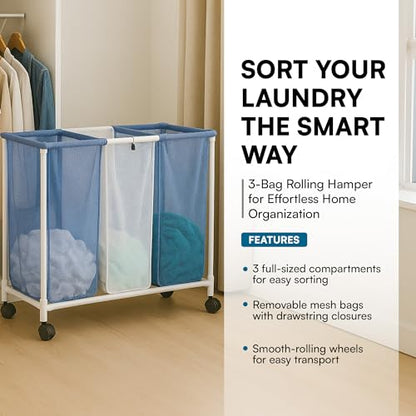 Honey-Can-Do HMP-01629 3 bag mesh laundry sorter, 30.5" x 15.3" x 30" , Blue/White