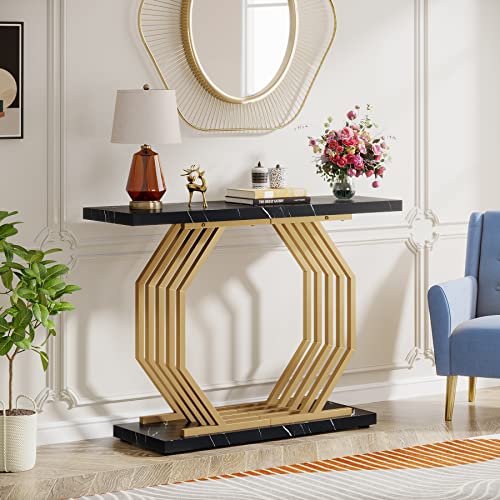 Tribesigns Gold Console Table, Faux Marble Entryway Table Narrow Sofa Table with Geometric Metal Base, 40 Inch Modern Accent Table Entrance Table for Living Room, Hallway, Foyer, Black - color: Black
