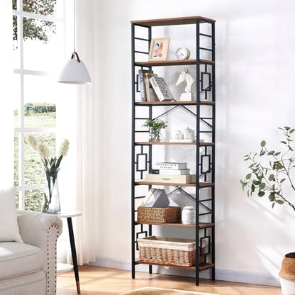 HOMISSUE Tall Bookshelf, 84 Inch Industrial Bookshelf with Metal Frame and Open Shelves, 7 Tier Metal Bookshelves and Bookcases, Rustic Tall Book Shelf for Office, Living Room and Bedroom, Brown - color: Rustic Brown, size: 7-Tier（23.6"W x 84.4"H）