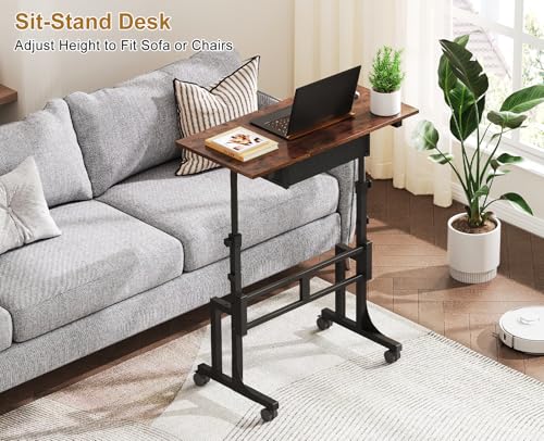 Adjustable Height Standing Desk With Drawer, Rolling Sit Stand Up Desk With Wheels, Small Sit To Stand Computer Desk, Adjustable Desktop Height, On Wheels, Brown, For Walking Pad Laptop Treadmill - color: Brown, size: With Drawer