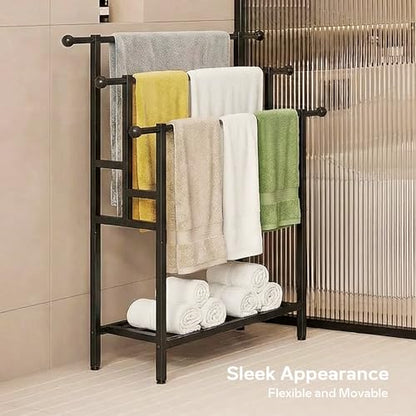 3 Tier Alloy Steel Towel Rack, 35" H Free Standing with Basket, Blanket Drying and Display for Oversized Bath Towels, Bathroom Accessories