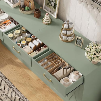 HOSTACK 71"W Farmhouse Kitchen Sideboard Buffet Cabinet with Storage, Green | Large Coffee Bar Cabinet with 3 Wide Drawers, Long Buffet Table with Shelves, Kitchen Storage Cabinet for Dining Room - color: Green