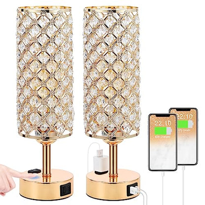 Hong-in Gold Lamps Set of 2, Dimmable Gold Lamps for Nightstand with USB-C+A & AC Charging Ports, 3-Way USB Crystal Lamp, Bedside Desk Light for Bedroom Living Room Home Office(Bulb Included) - color: Gold