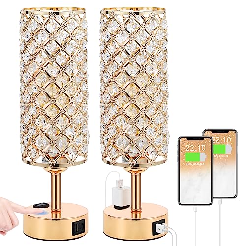 Hong-in Gold Lamps Set of 2, Dimmable Gold Lamps for Nightstand with USB-C+A & AC Charging Ports, 3-Way USB Crystal Lamp, Bedside Desk Light for Bedroom Living Room Home Office(Bulb Included) - color: Gold