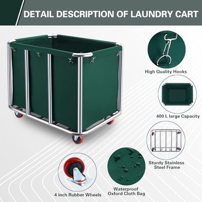 Commercial Laundry Cart with Wheels,11.35 Bushel Commercial Laundry Hamper,Industrial Rolling Laundry Basket with Sturdy Stainless Steel Frame and Oxford Bag for Home Hotel 440 lbs (Blackish Green) - color: Blackish Green