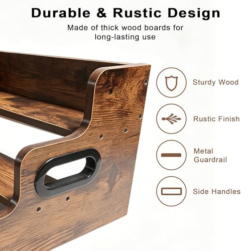3-Tier Rustic Liquor & Wine Rack, Countertop Shelf with Guardrail & Handles for Home Bar