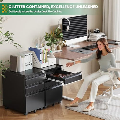 3 Drawer Mobile File Cabinet with Lock,Under Desk Rolling File Cabinet for Home Office Fits Legal/Letter/A4 File (Unassembled,Black) - color: Black, size: 14.6"W x 24.4"H x 17.3"D