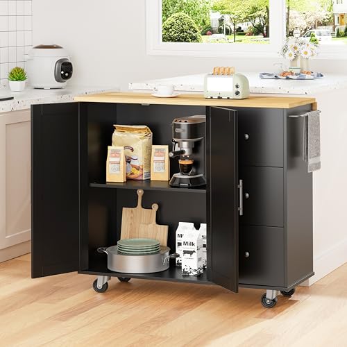 Shintenchi Kitchen Island with Folding Drop Leaf, Rolling Island Table with Storage, Kitchen Cabinet on Wheels with Seating Area for Kitchen, Bar Cart with Cabinet, Black - color: Black
