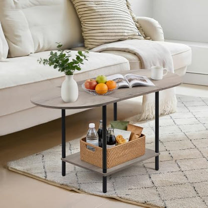 Small Coffee Table,35.4'' Oval Coffee Table with Storage Shelf & Metal Frame,Low Cocktail Tea Accent Table for Apartment,Modern Mid Century Small Living Room Table,Rustic Grey - color: Grey