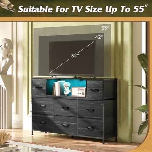 WLIVE Black Dresser TV Stand for 45, 50, 55 inch TV, Entertainment Center with LED Lights & Charging Station, Chest of Drawers with 8 Fabric Drawers and Open Shelves for Living Room, Hallway, Wood Top - color: Charcoal Black Wood Grain