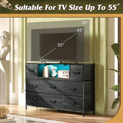 WLIVE Black Dresser TV Stand for 45, 50, 55 inch TV, Entertainment Center with LED Lights & Charging Station, Chest of Drawers with 8 Fabric Drawers and Open Shelves for Living Room, Hallway, Wood Top - color: Charcoal Black Wood Grain