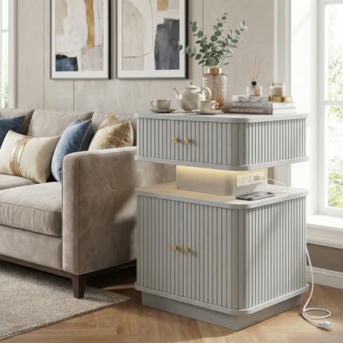 Nightstand with Charging Station, Modern Night Stand with Smart Led Light and 2 Small Sliding Door Cabinets, Curvy Edge, Bedside Table for Bedroom, Grey - color: Grey