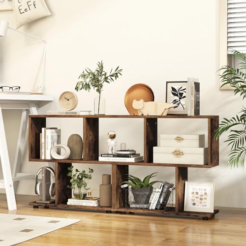 Tangkula 2 Tier Geometric Bookshelf, Freestanding Wood Display Shelf, Home Office Room Divider S Shaped Open Bookcase, Small Bookshelf for Small Spaces, Living Room, Study (Coffee, 2) - color: Coffee, size: 2