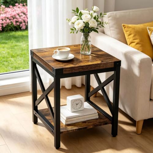 Industrial End Table for Living Room, 18" Large Square Side Table with 2-Tier Storage Shelf, X-Design Metal Frame, Rustic Brown Modern Farmhouse Nightstand Bedside Table for Bedroom Office