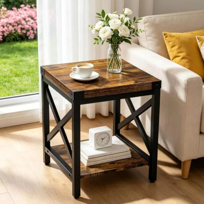 Industrial End Table for Living Room, 18" Large Square Side Table with 2-Tier Storage Shelf, X-Design Metal Frame, Rustic Brown Modern Farmhouse Nightstand Bedside Table for Bedroom Office