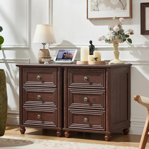 RWYHG 18" Night Stand with Charger Station, Nightstand with 3 Drawers | Farmhouse Modern Bedside Table, Metal Handle, Roman Column Legs, Walnut Bed Side End Tables for Bedroom Living Room - color: Walnut, size: 18"D x 18"W x 24"H (3 Drawers)
