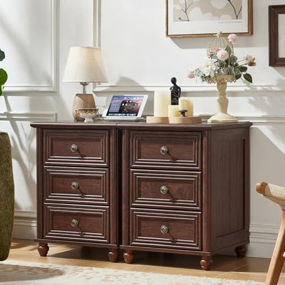 RWYHG 18" Night Stand with Charger Station, Nightstand with 3 Drawers | Farmhouse Modern Bedside Table, Metal Handle, Roman Column Legs, Walnut Bed Side End Tables for Bedroom Living Room - color: Walnut, size: 18"D x 18"W x 24"H (3 Drawers)