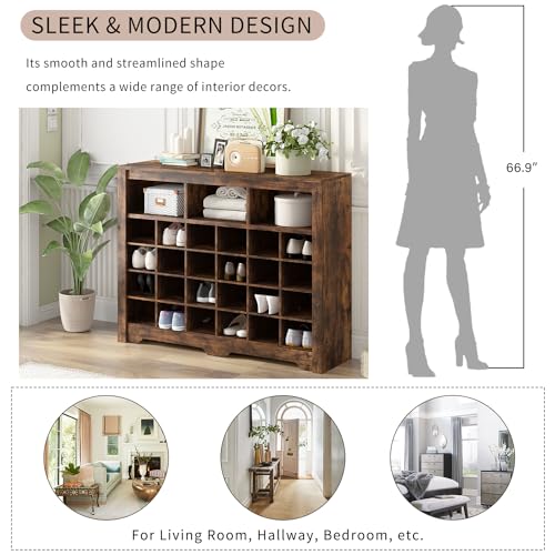 Harper & Bright Designs Sleek Design 24 Shoe Cubby Console, Modern Shoe Cabinet with Curved Base, Versatile Sideboard for Hallway, Bedroom, Living Room, Rustic Brown - color: Rustic Brown, size: 35''