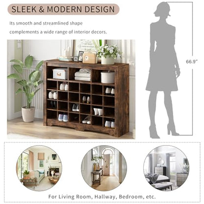 Harper & Bright Designs Sleek Design 24 Shoe Cubby Console, Modern Shoe Cabinet with Curved Base, Versatile Sideboard for Hallway, Bedroom, Living Room, Rustic Brown - color: Rustic Brown, size: 35''