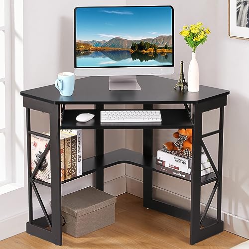 VECELO Corner Desk Computer Desk Writing Table with Smooth Keyboard Tray & Storage Shelves,Compact Home Office Triangle Table,Black - color: Black