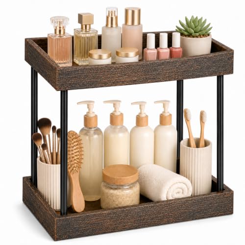 mahueeol 2-Tier Bathroom Counter Organizer with Wooden Trays | Two wooden trays organize cosmetics, skincare and toiletries on bathroom counters, vanities, kitchens and coffee stations - style: Retro