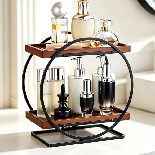 2-Tier Bathroom Counter Organizer, Wooden Perfume Organizer for Dresser, Bamboo Countertop Trays for Skincare Makeup Vanity Shelf, Organizers and Storage for Bathroom Kitchen, Black & Brown - color: Black and Wood