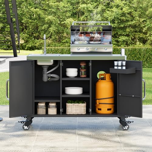 Merax 55.5" Outdoor Kitchen Island, Metal Grill Cart Table with 304 Stainless Steel Sink, Outdoor Bar Cart Sink Station with 4 Lockable Wheels for Pizza Prep & BBQ, Black