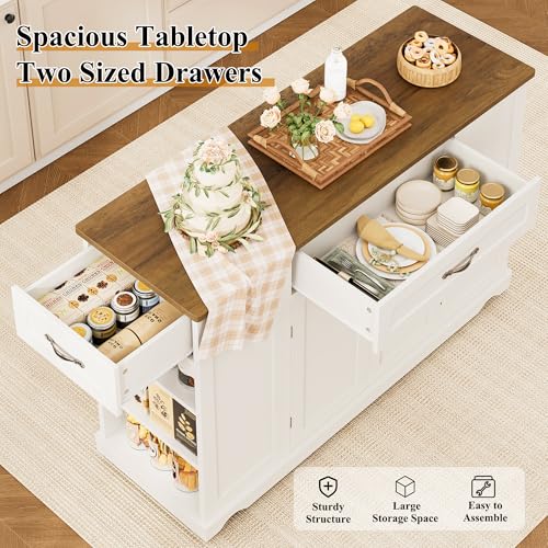 HOSTACK Kitchen Island Cart with Storage, 47'' Kitchen Storage Island on Wheels with 2 Drawers, Rolling Island Table with Adjustable Shelves, Mobile Buffet Sideboard Cabinet for Dining Room, White - style: White + Rustic Brown